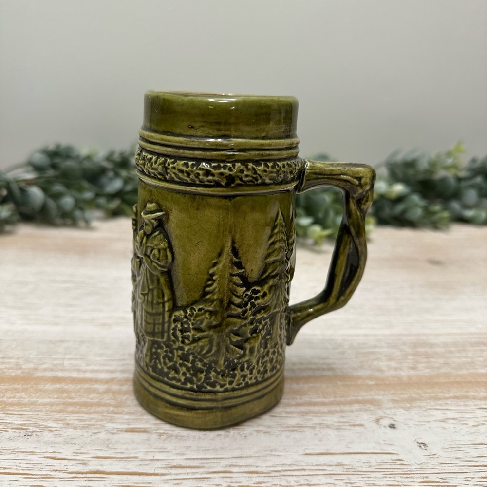 Vintage German Green Ceramic Stein with Embossed Figures - Picture 2 of 7